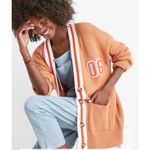 Aerie Burnt Orange Brown Waffle Oversize Varsity Stripe Cardigan - Picture 1 of 7